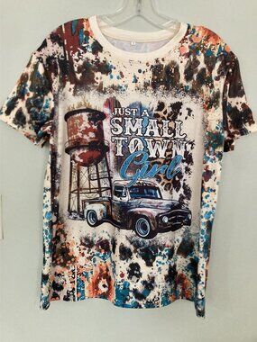 Just A Small Town Girl Graphic Tee Vintage Truck & Water Tower Design Multicolor